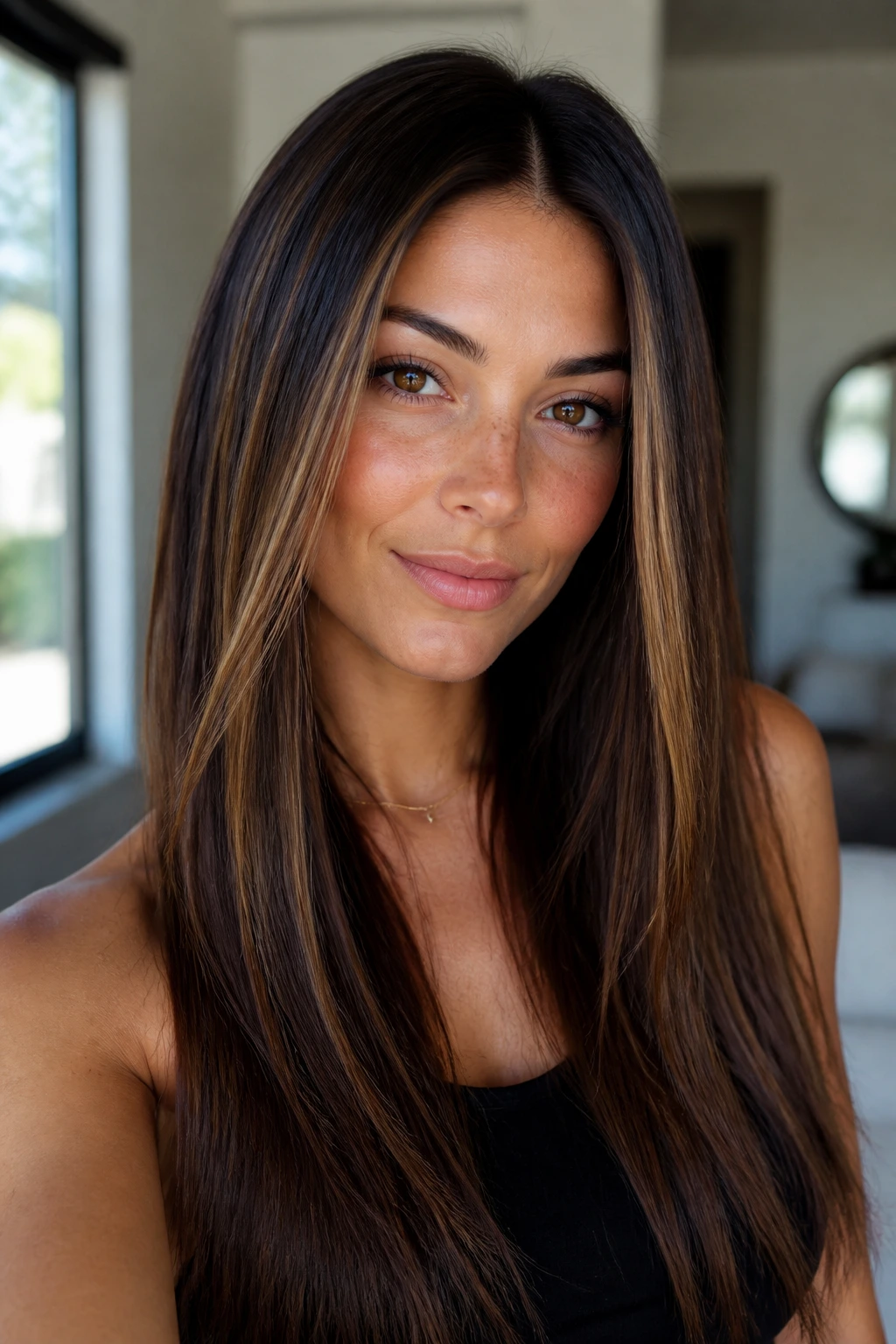 Close-up of a real person with glossy brunette highlights around the face.