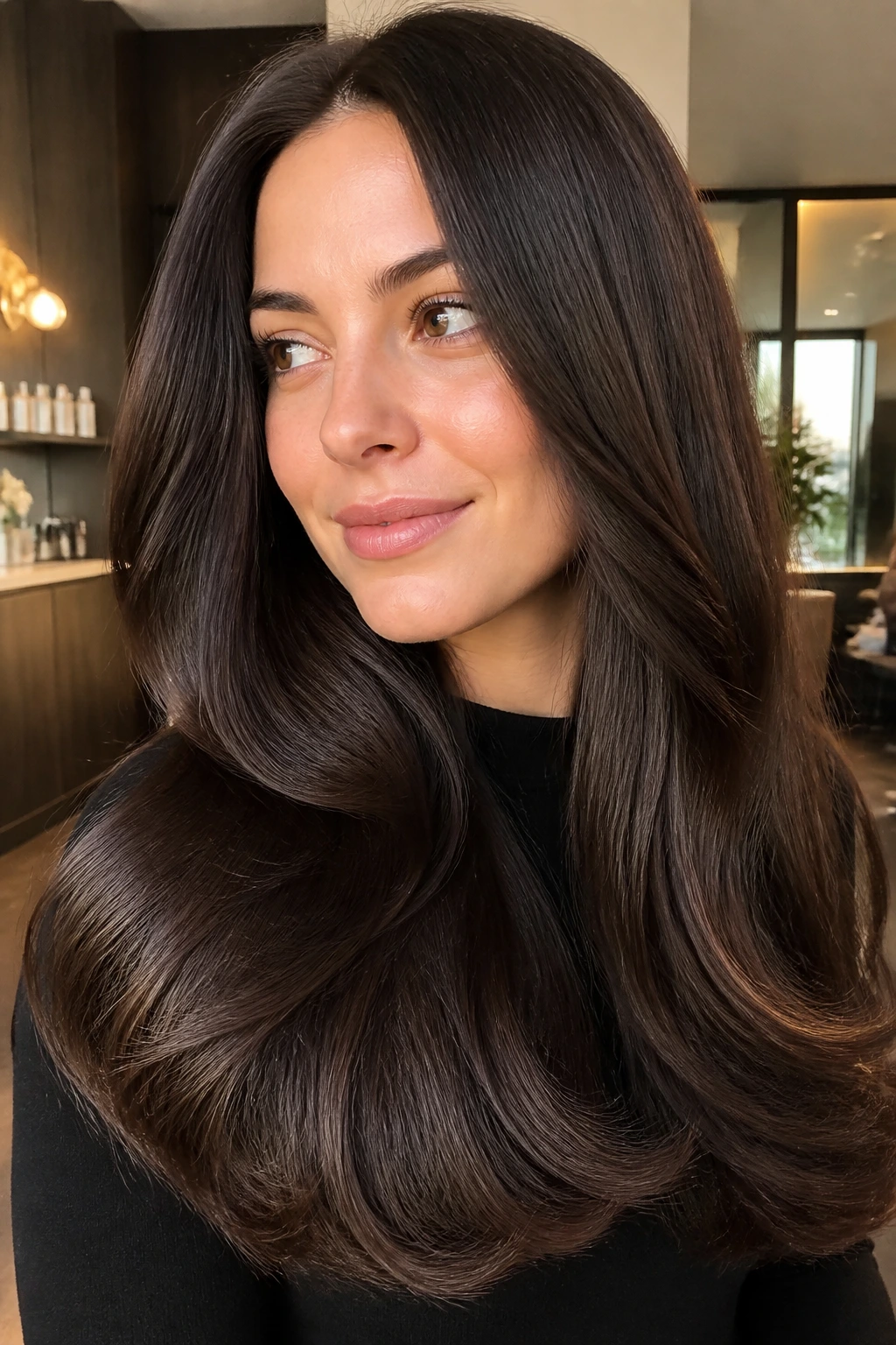 Close-up of a real woman's long, glossy one-color brunette with a sleek blowout