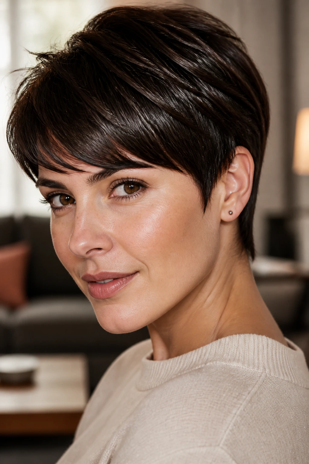 Close-up portrait of a woman with glossy brunette pixie hairstyle