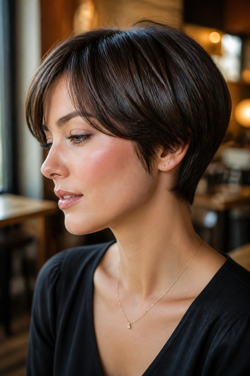 Woman with glossy brunette pixie bob in cafe lighting