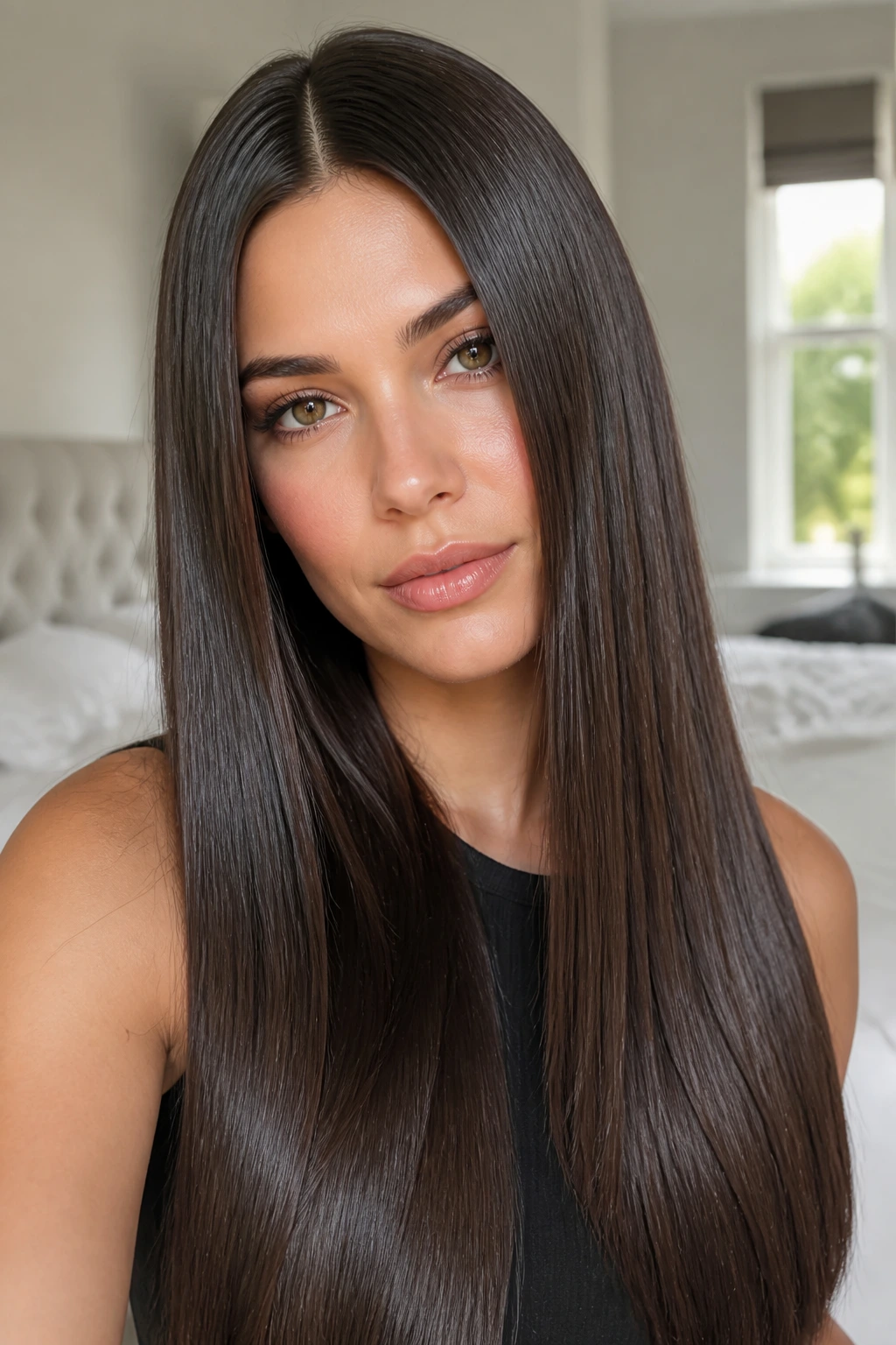 Real woman with sleek, glossy brunette hair close-up portrait