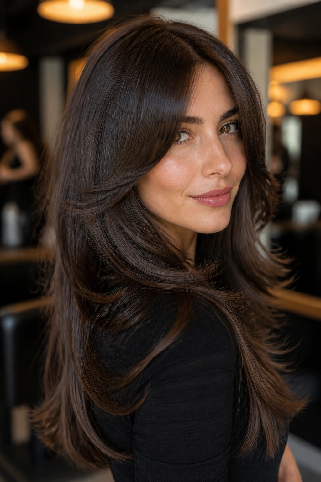 Portrait of a real person with a glossy butterfly shag and silkier ends in a luxury salon setting.
