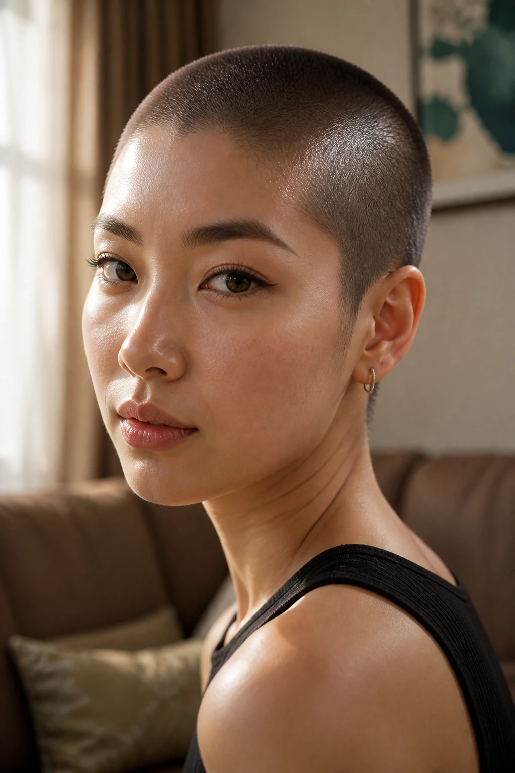 Close-up of a person with a glossy buzz cut under warm daylight