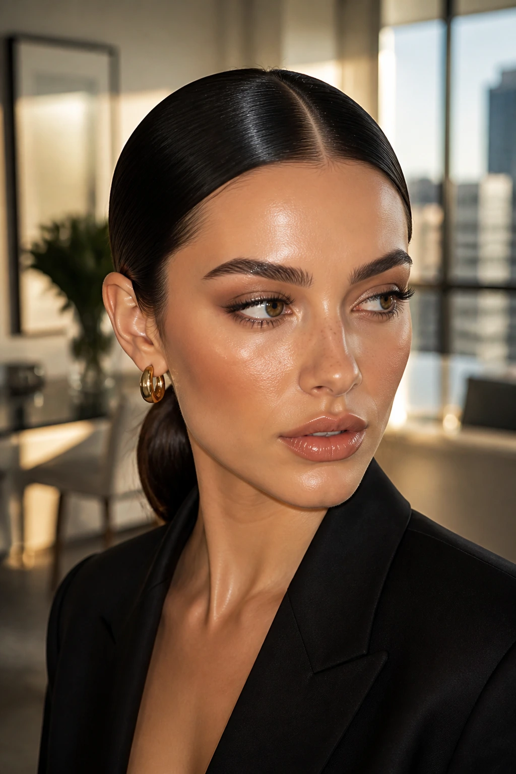 Close-up of a woman with a glossy center-part low ponytail in natural window light.