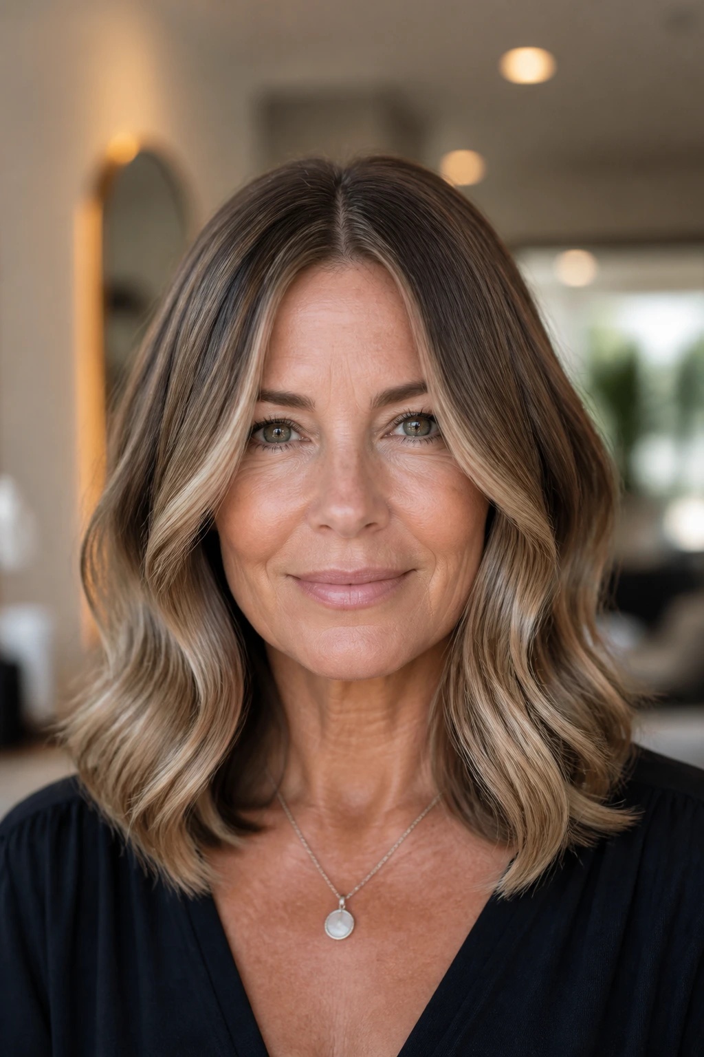 Close-up of a real woman with glossy center-part waves