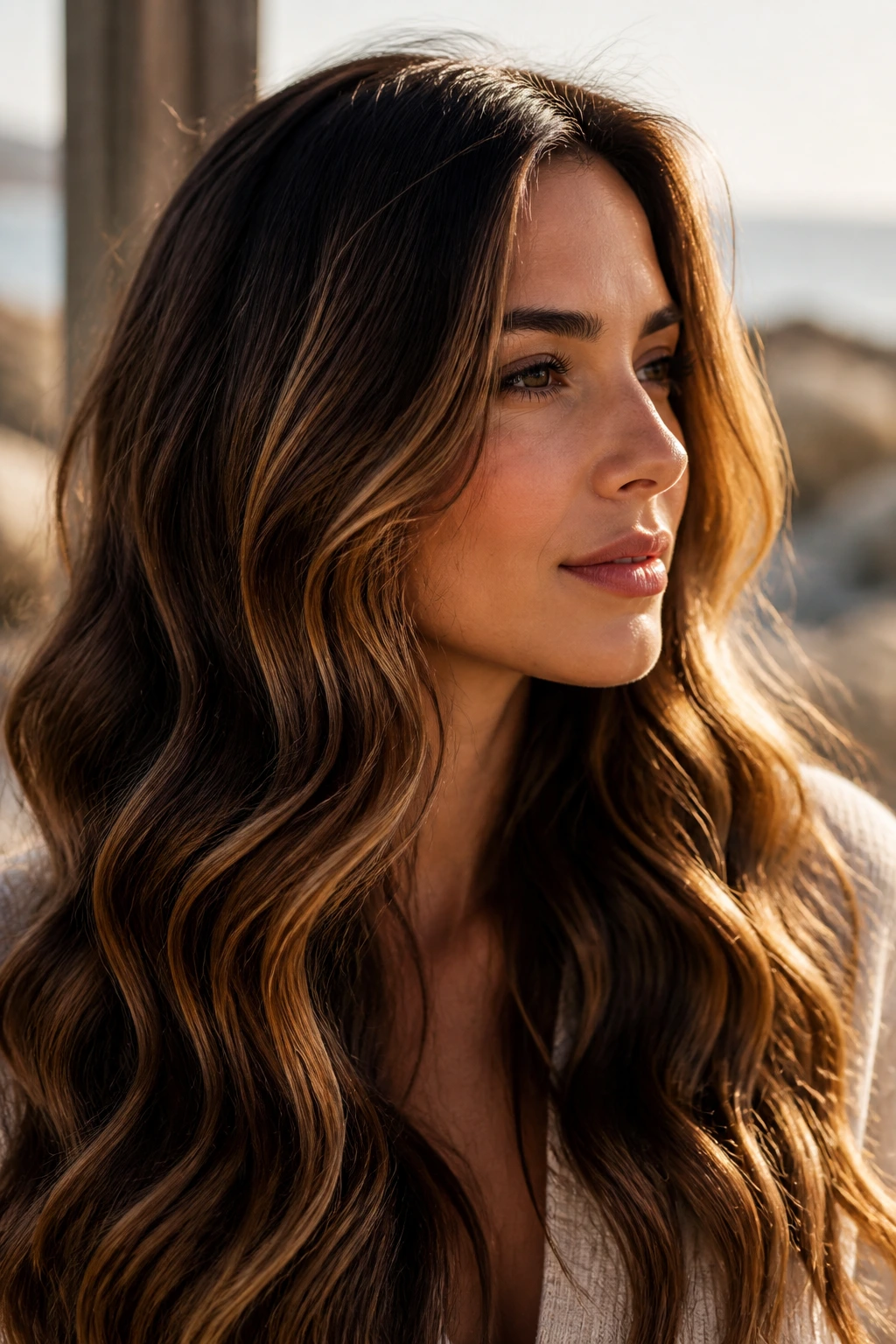 Woman with glossy chestnut hair accented by gold highlights in wavy hair.