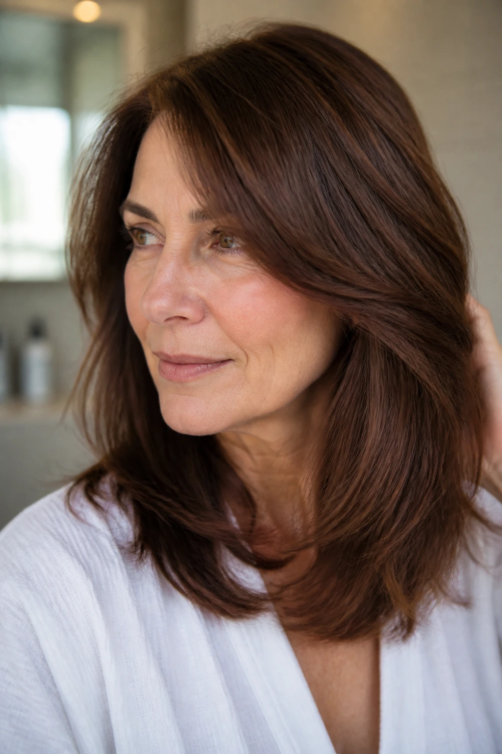 Close-up of a real woman with glossy chestnut brown hair in softly lit indoor setting.