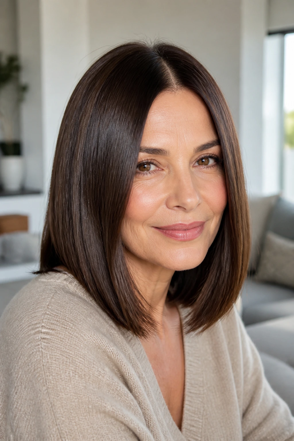 Close-up of a real woman with a glossy chocolate lob and center part