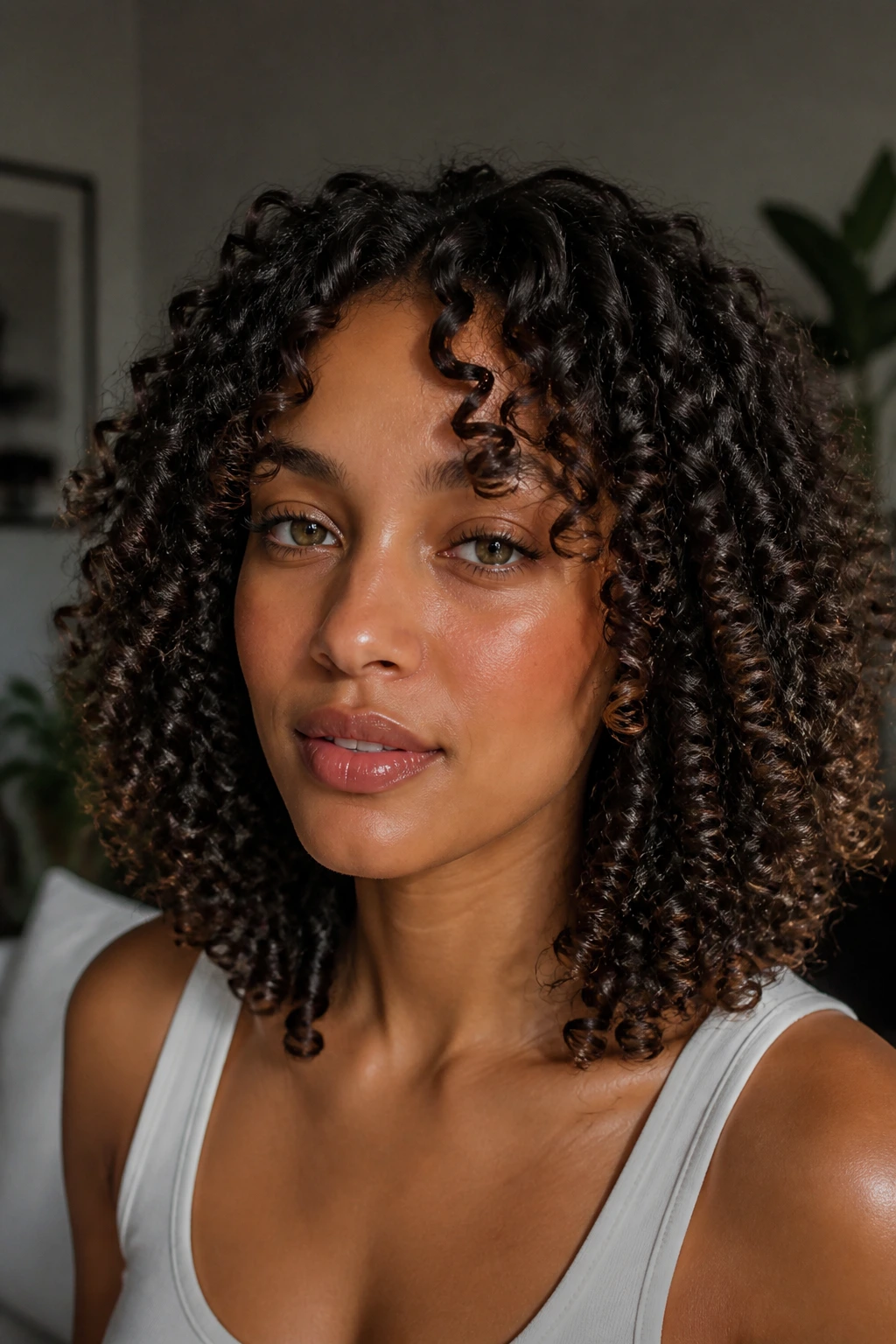 Close-up of a real woman with glossy defined curls and tapered ends.