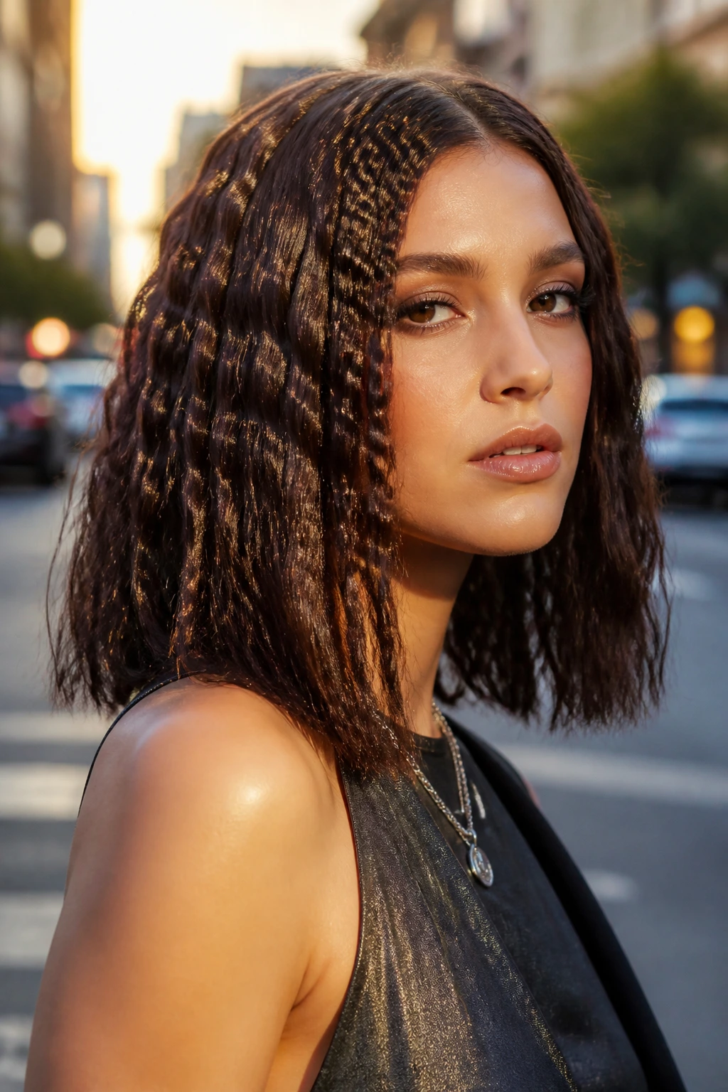 Woman with glossy crimped lob on an urban street at golden hour
