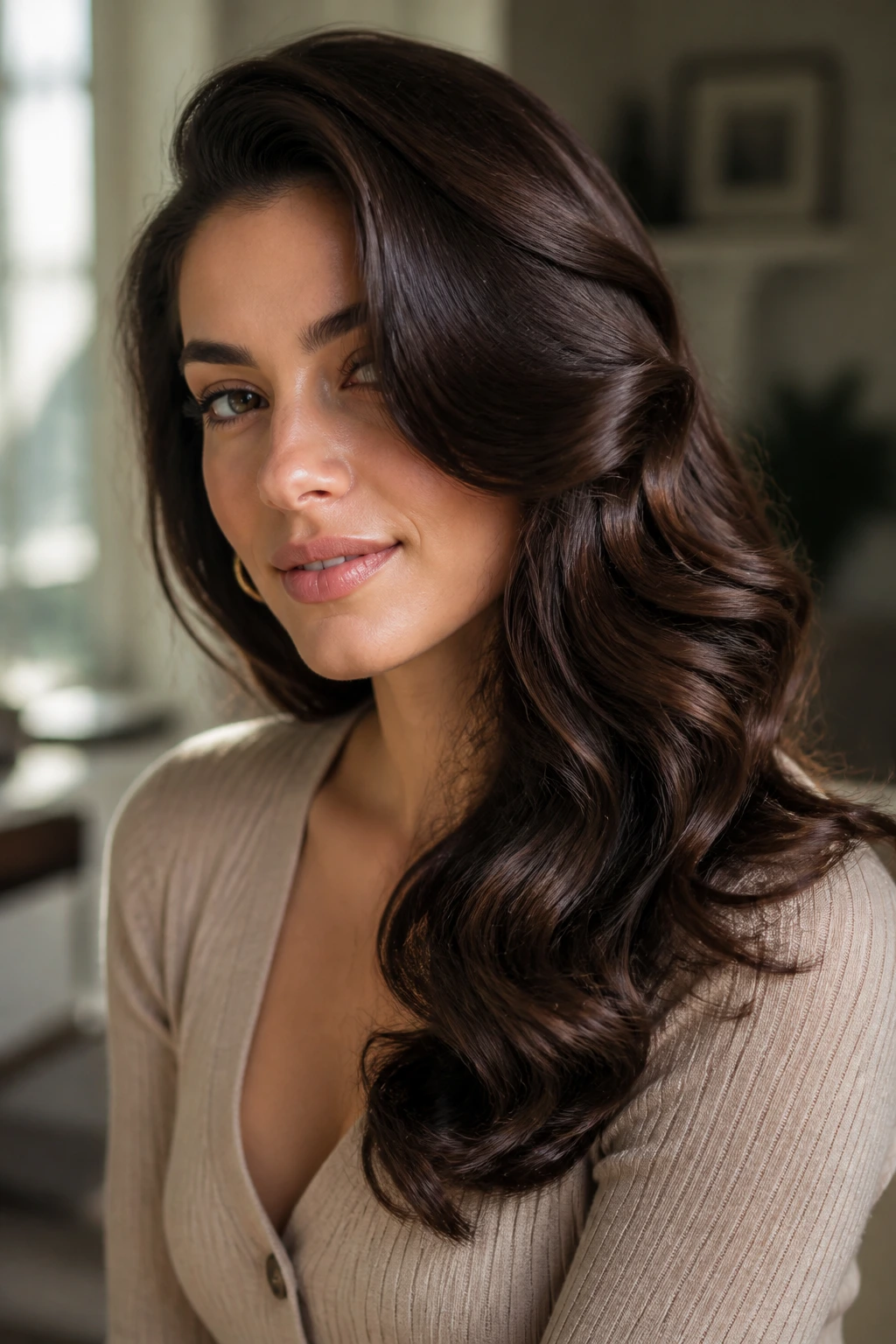 Close-up of a woman with deep side part and glossy curls