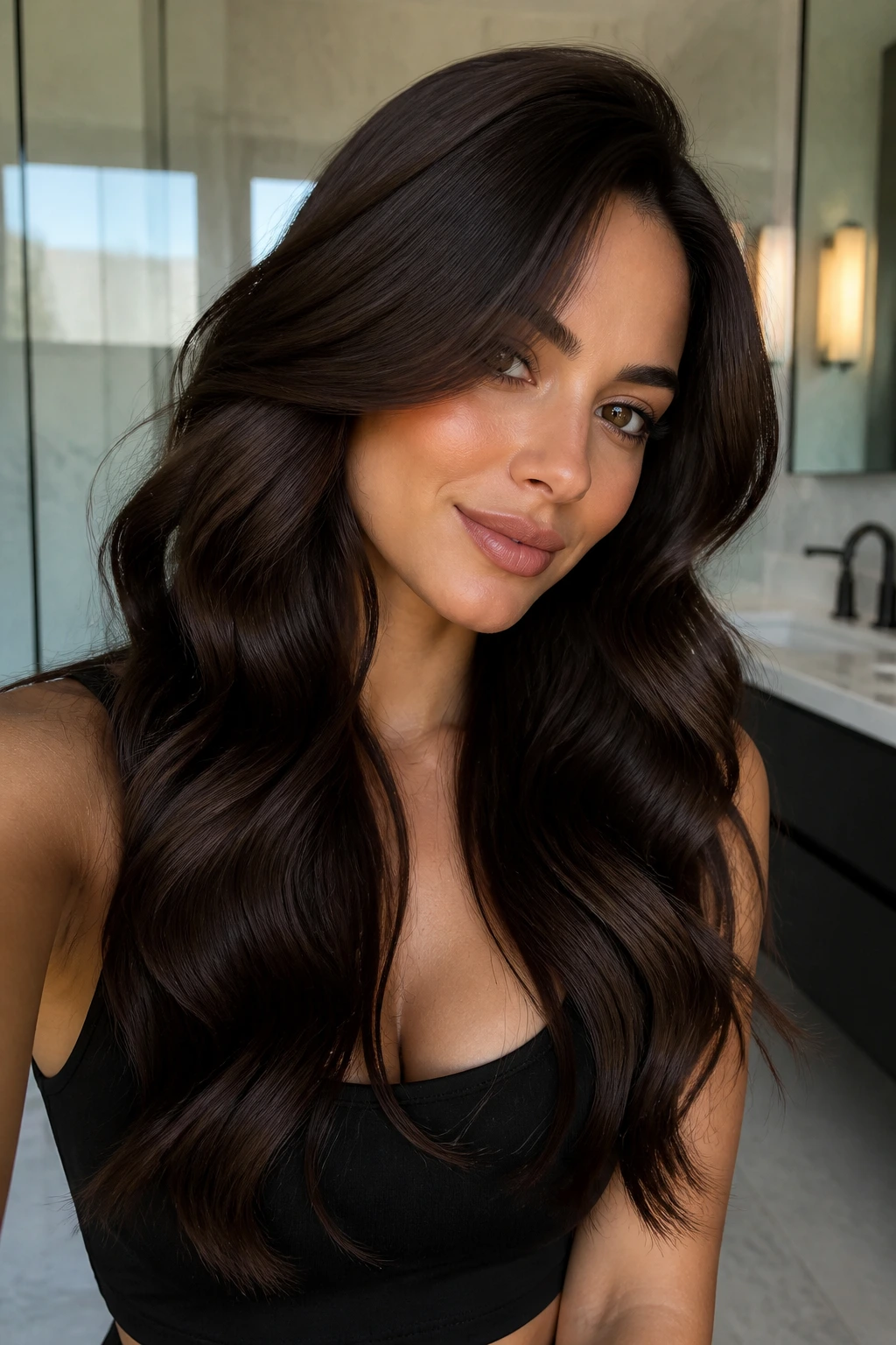 Close-up of a real woman with glossy dark cocoa waves