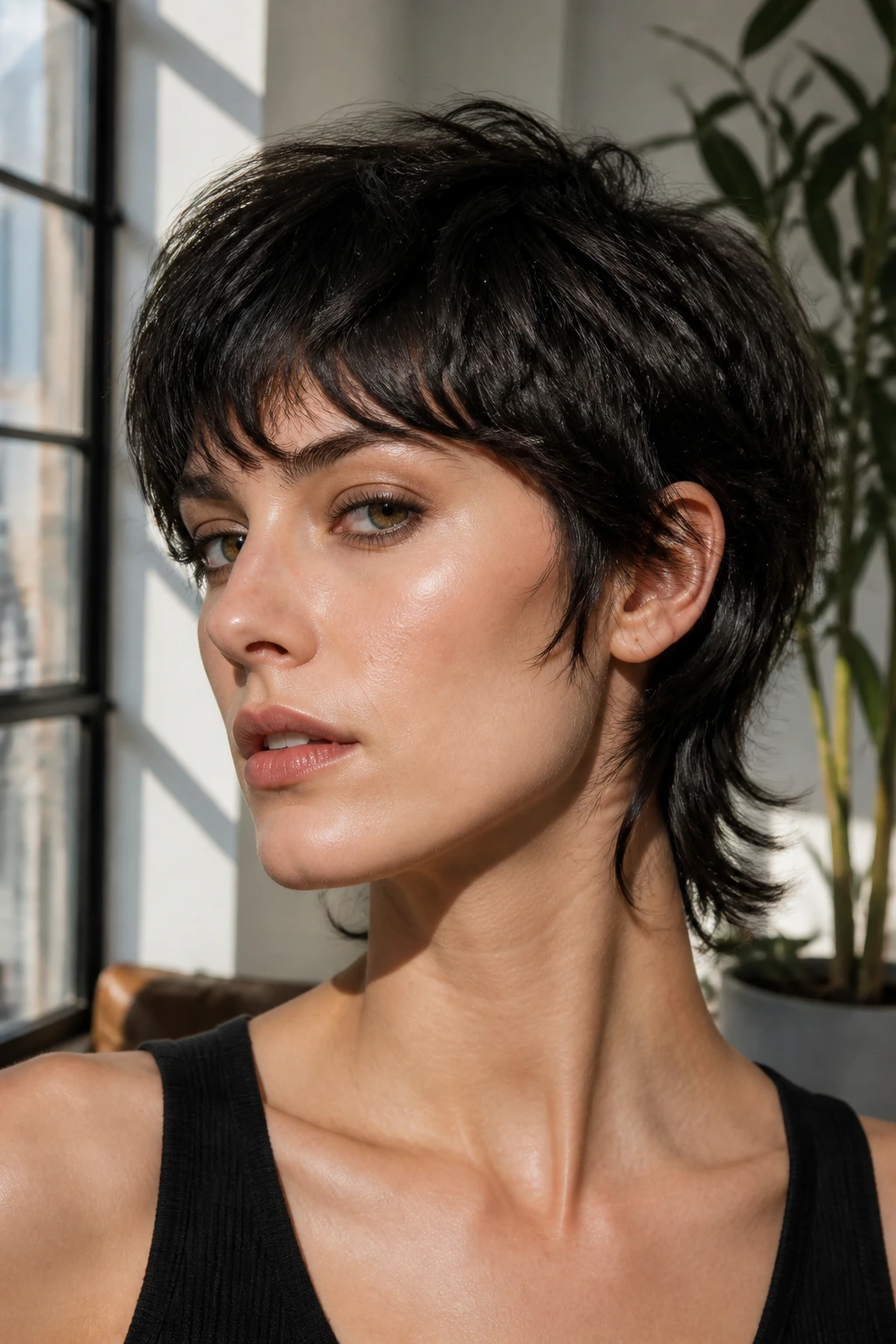 Portrait of a real person with a glossy editorial wolf cut in bright natural light