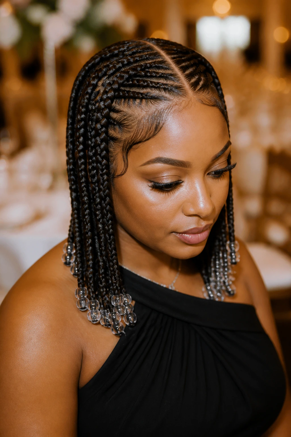 Close-up of event-ready tribal braids with a glossy finish on a real person