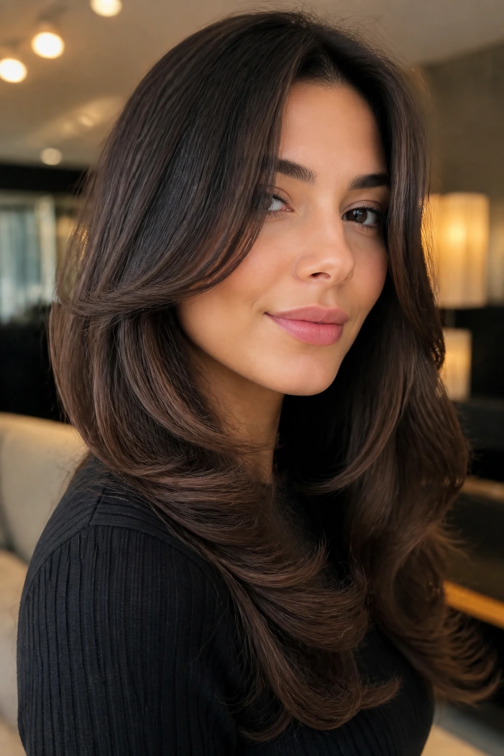Portrait of a real woman with glossy formal layers and face-framing pieces in soft lighting