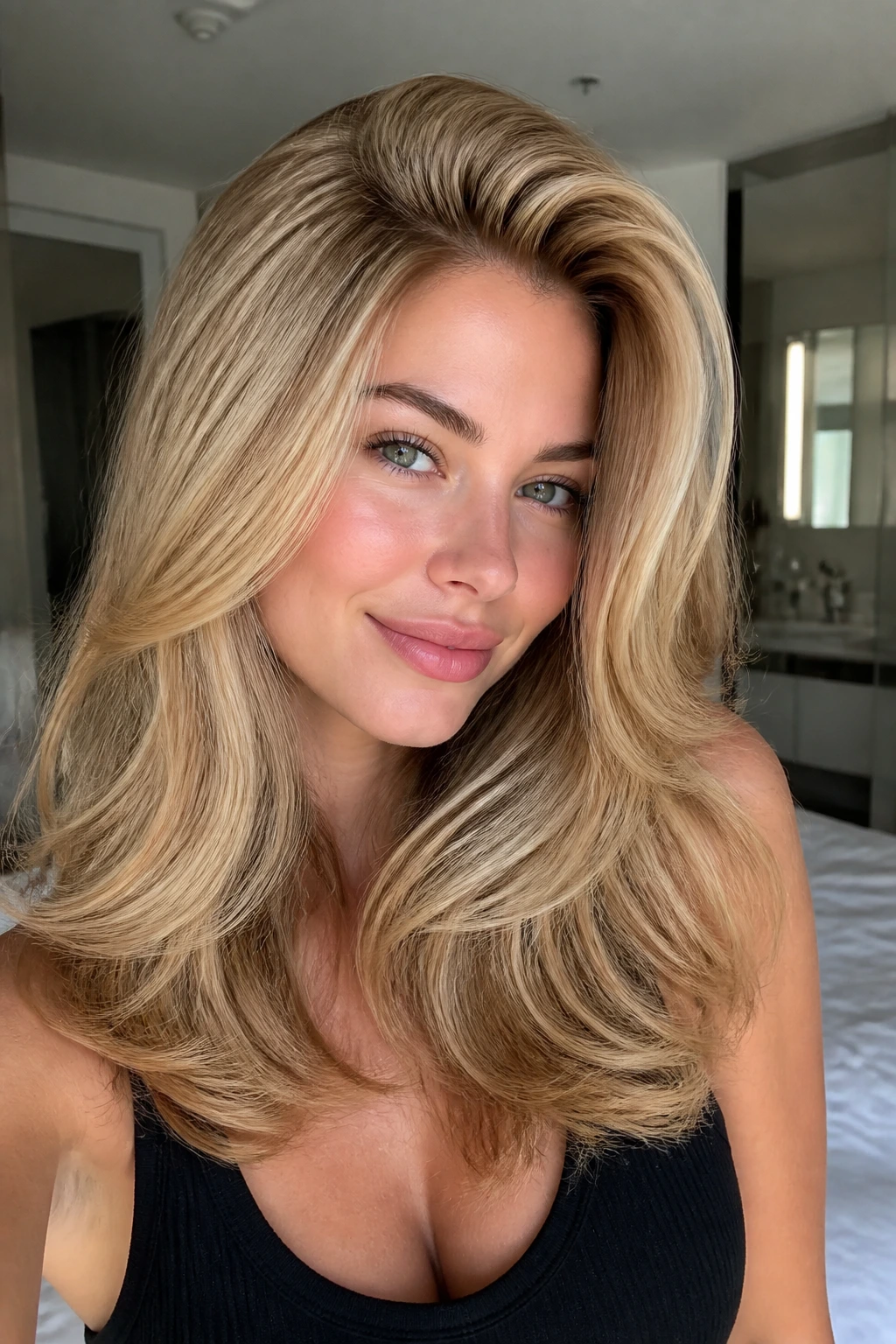 Close-up of a woman with a glossy golden blonde blowout