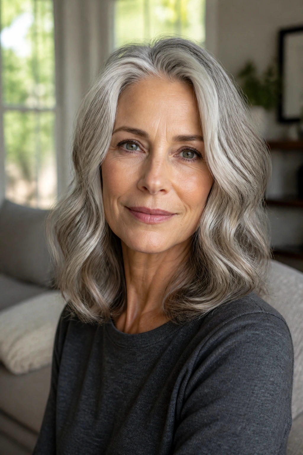 Close-up portrait of a real woman with glossy gray hair and a light bend.