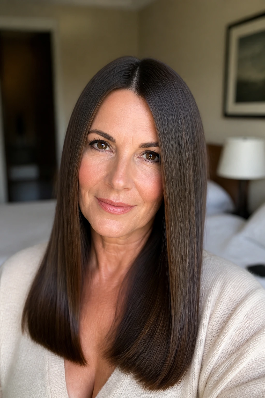 Close-up of a real woman with glossy center-part straight hair