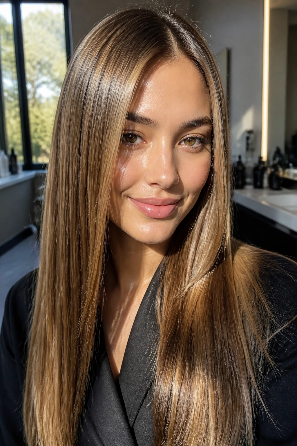 Close-up of a real woman with glossy straight hair catching light for a shiny finish