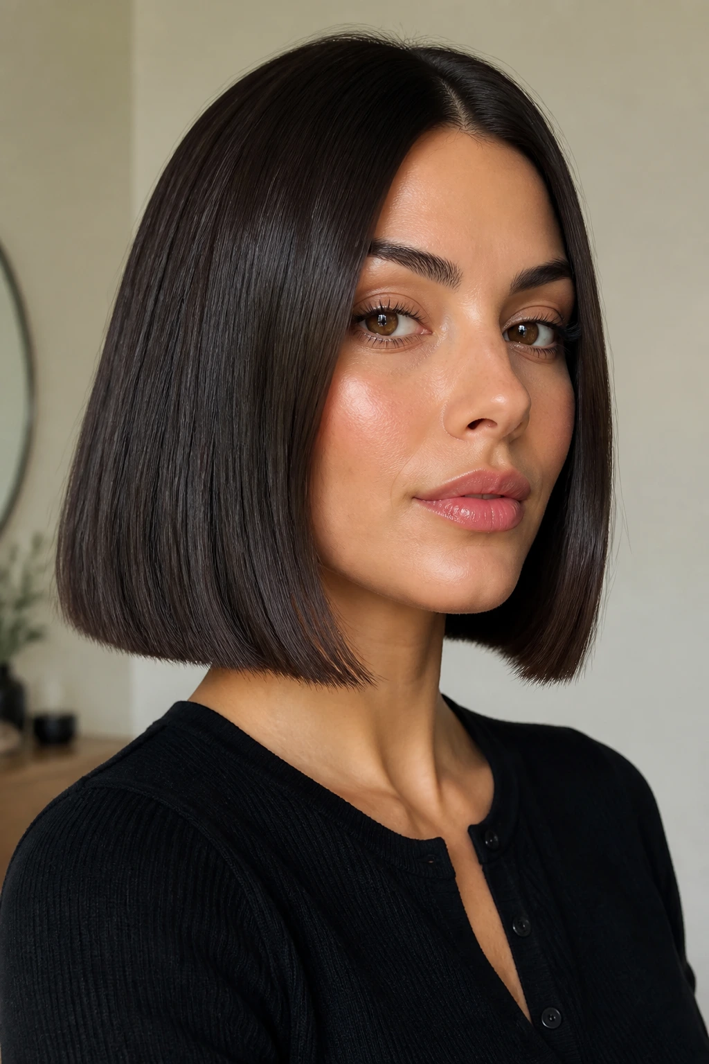 Portrait of a woman with a glossy blunt lob and centered part.