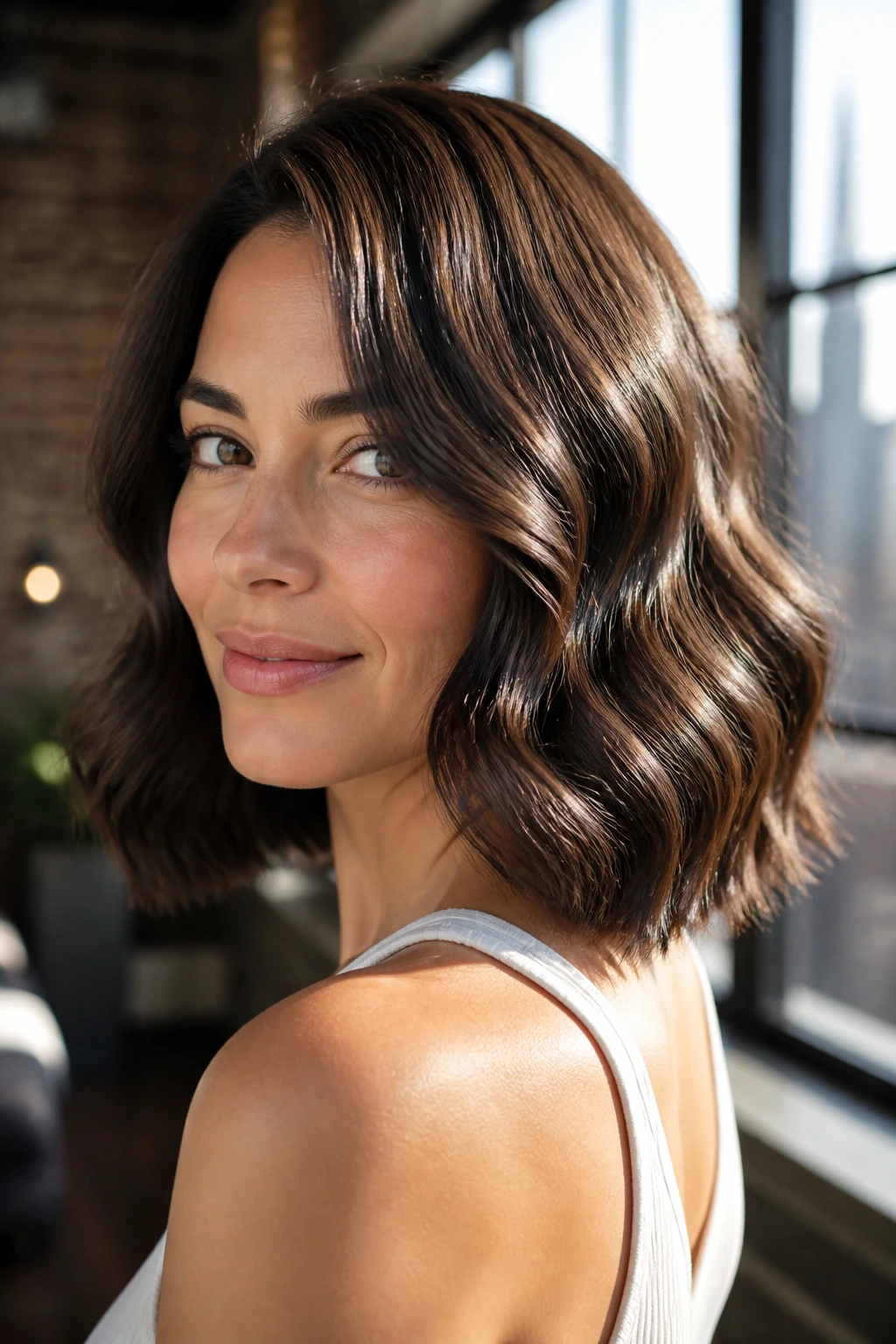 Close-up of a real woman's glossy S-bend lob with shiny, alternating waves