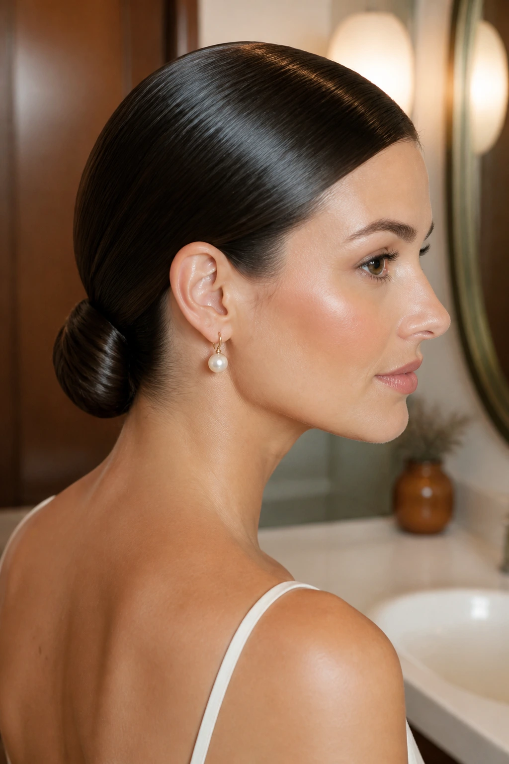 Close-up of a woman with a glossy low knot pony