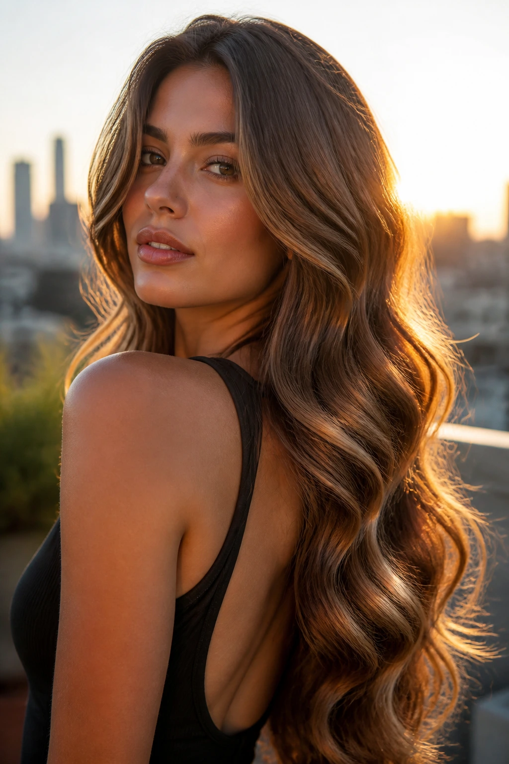Close-up portrait of a real woman with glossy mermaid waves catching golden hour light