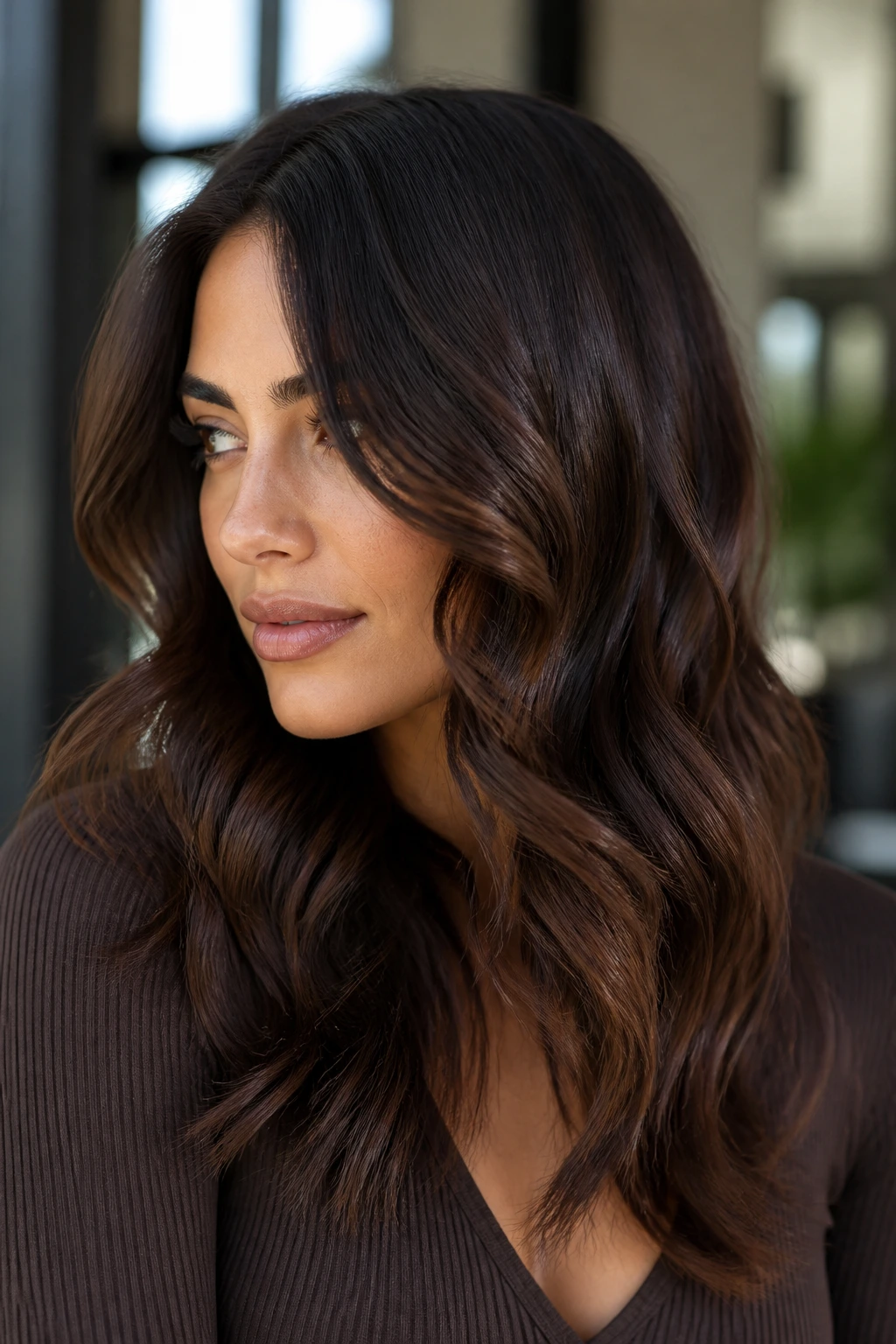 Portrait of brunette with glossy mocha waves catching light from multiple angles.