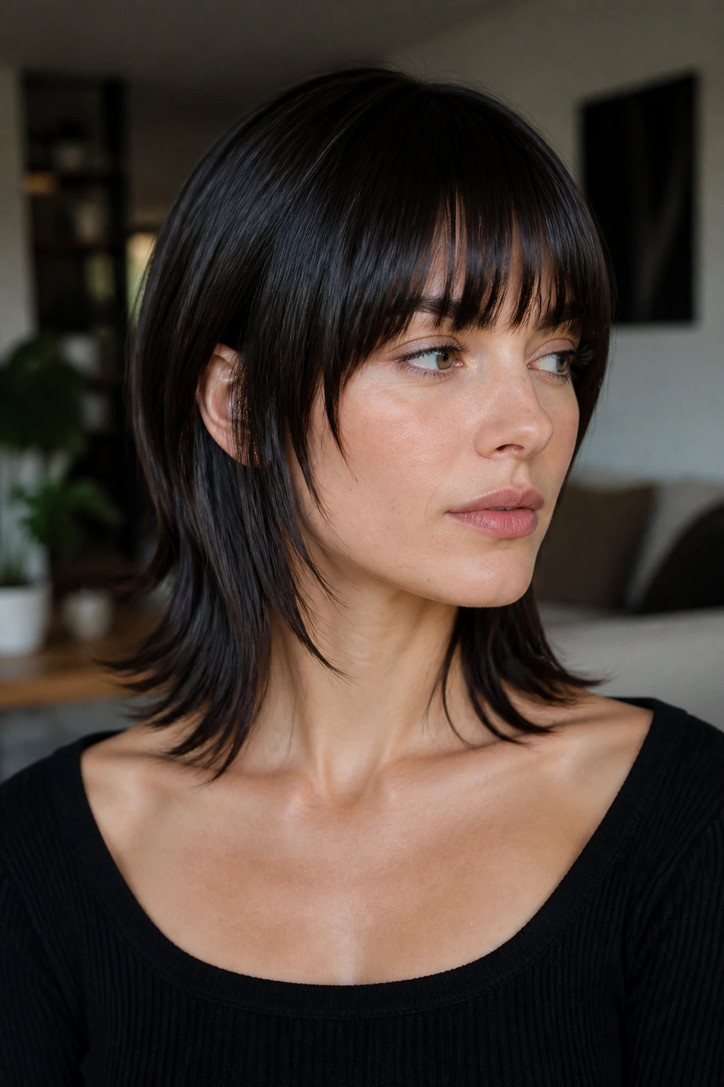 Close-up portrait of a real woman with glossy straight shoulder-length mullet in natural window light