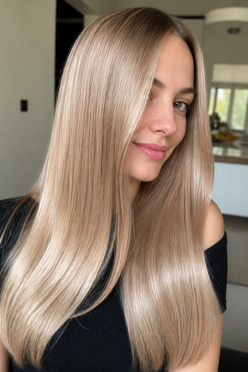 Real woman with glossy neutral cream blonde hair and mirror-like shine