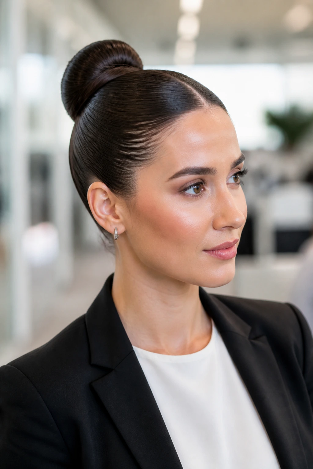 Close-up of a woman wearing the glossy office bun in a modern workspace