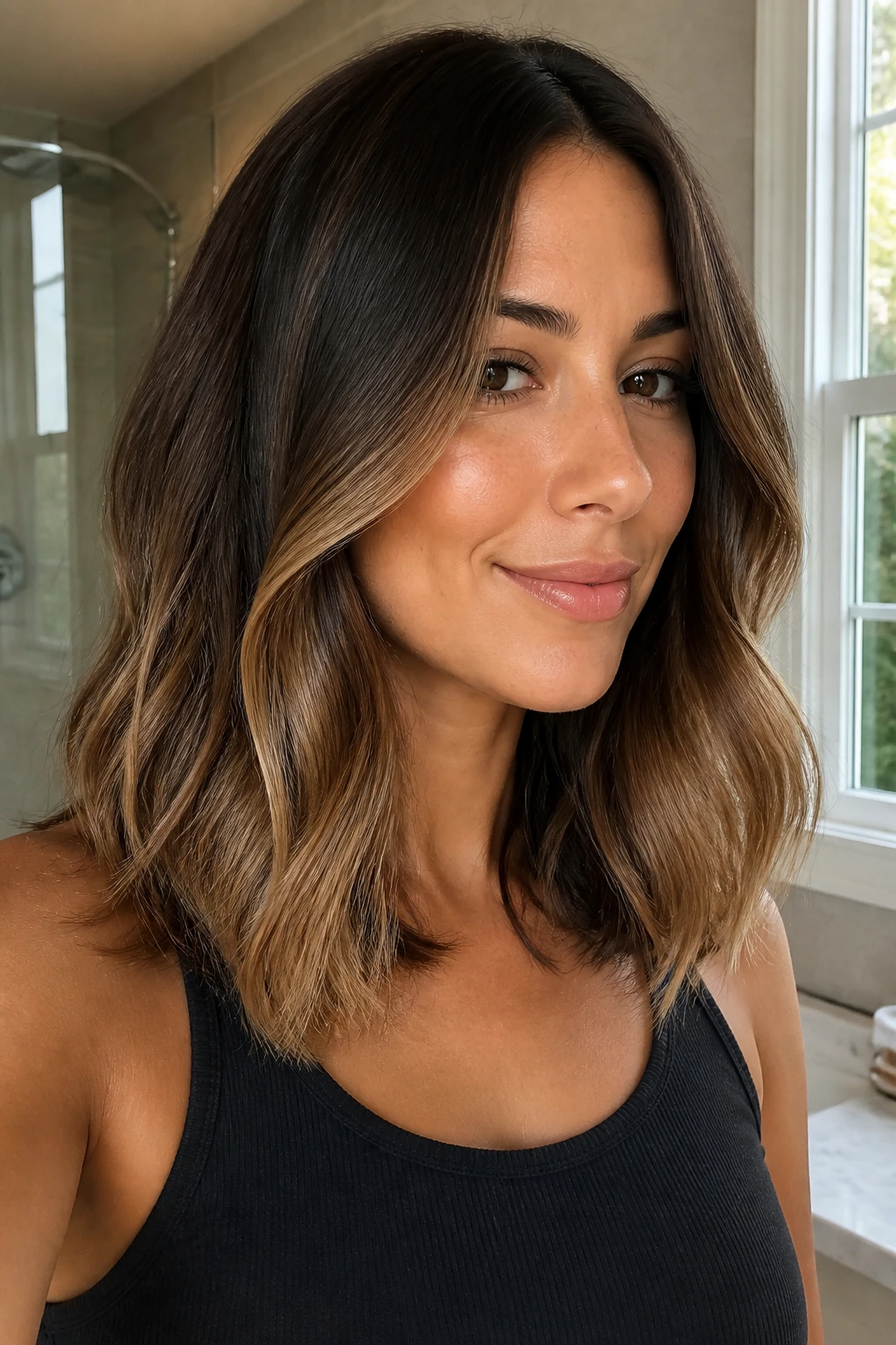 Close-up of glossy ombre hair on a real woman with clean blend from dark roots to lighter ends