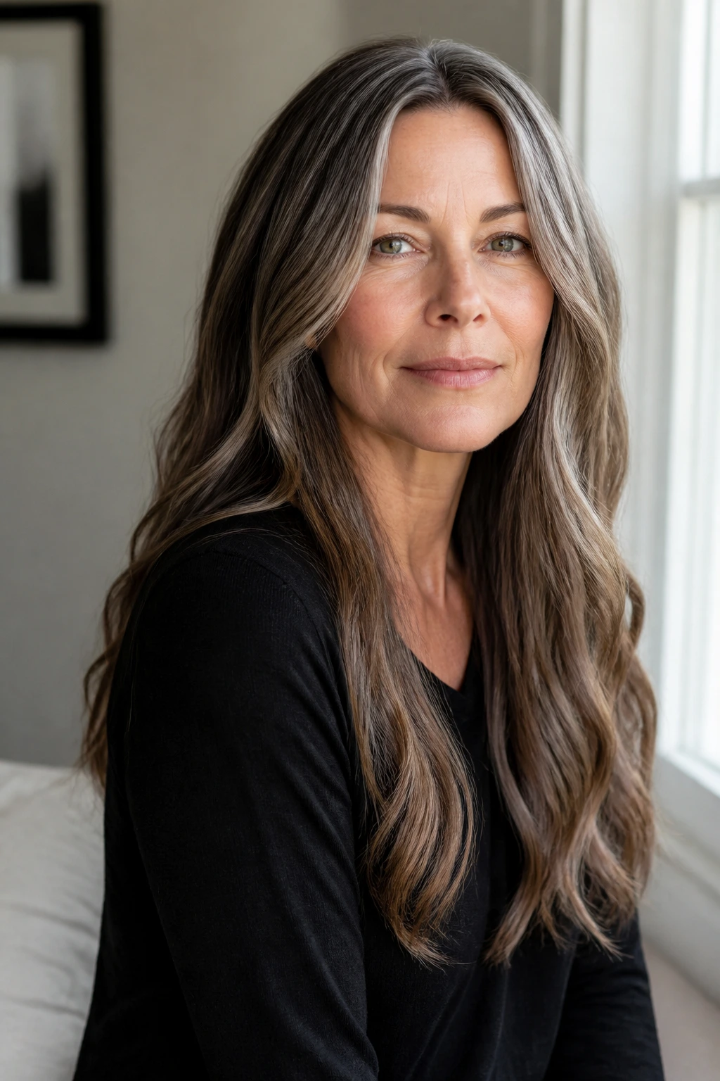 Real woman with glossy one-length cut and barely-there layers.