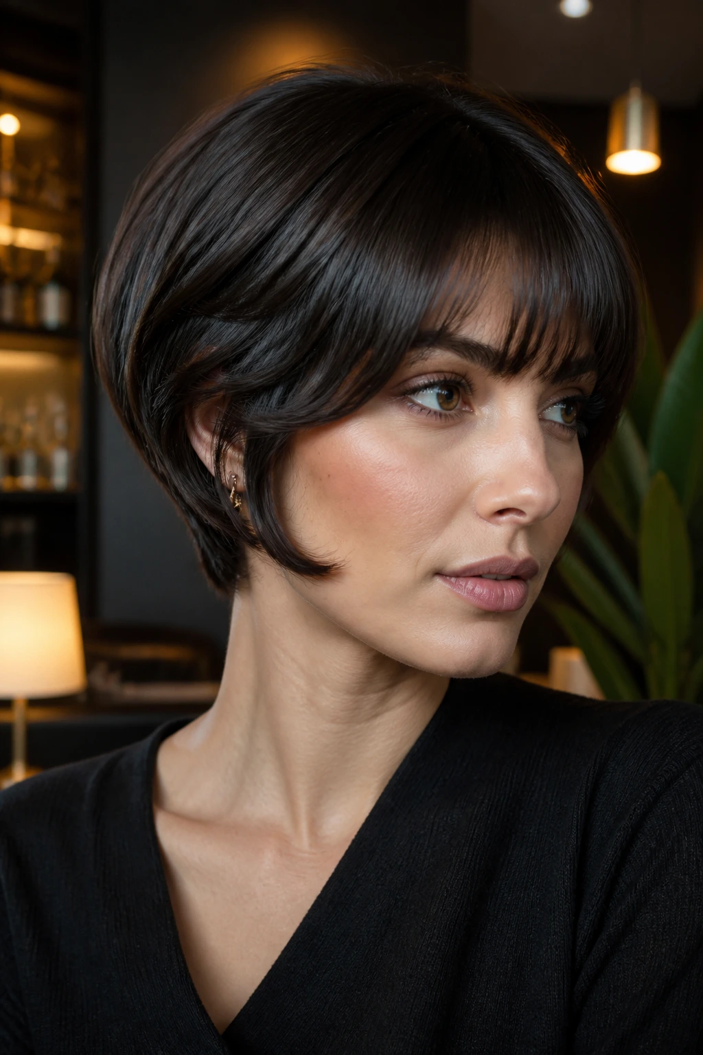 Close-up of a woman with glossy pageboy-pixie.
