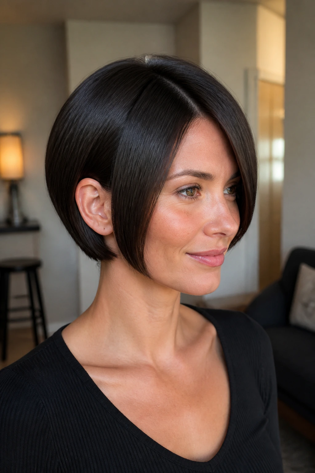 Real woman with sleek glossy pixie bob in warm modern interior