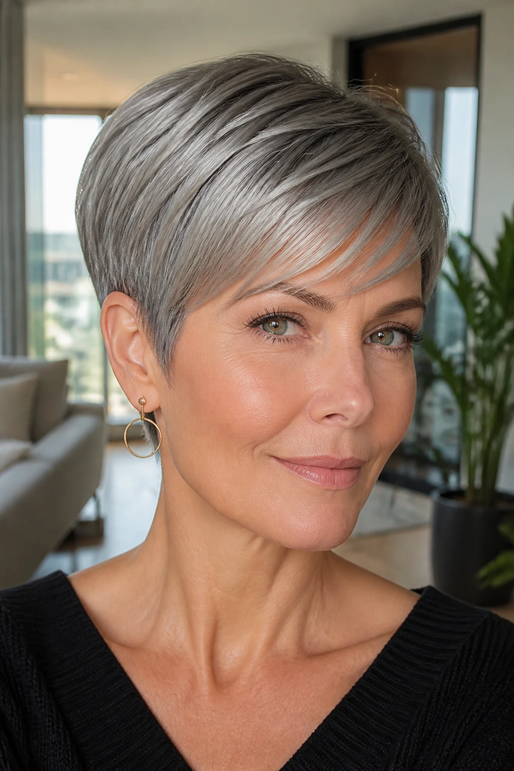 Real woman with sleek glossy pixie and crisp silhouette