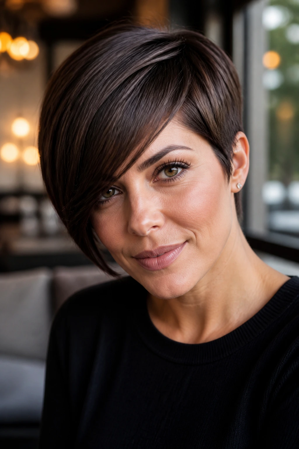 Close-up of a real woman with a glossy side-sweep pixie