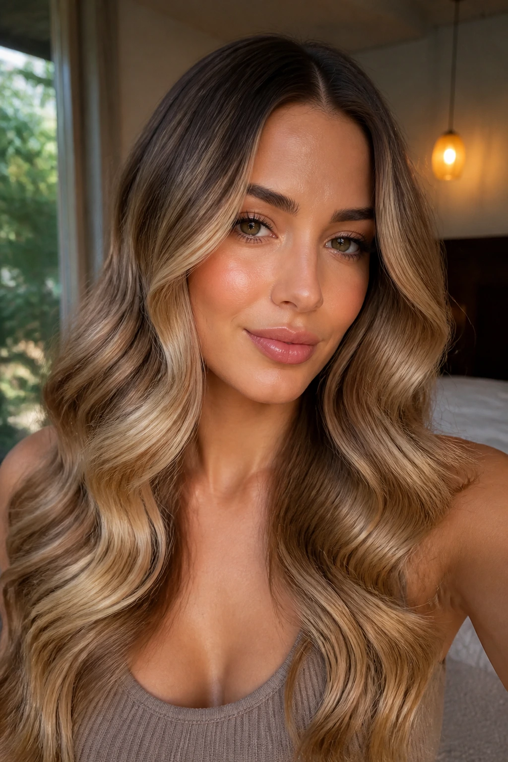 Close-up of a real woman with glossy polished waves and bright shine