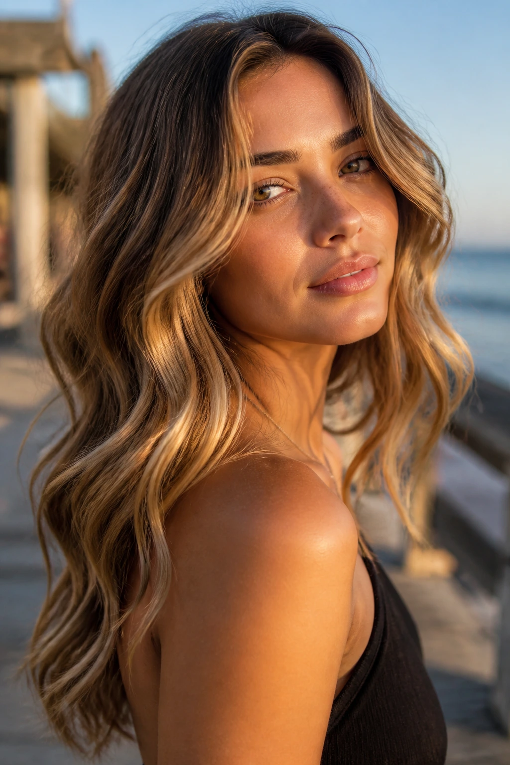 Close-up of glossy polished beach waves on a real woman