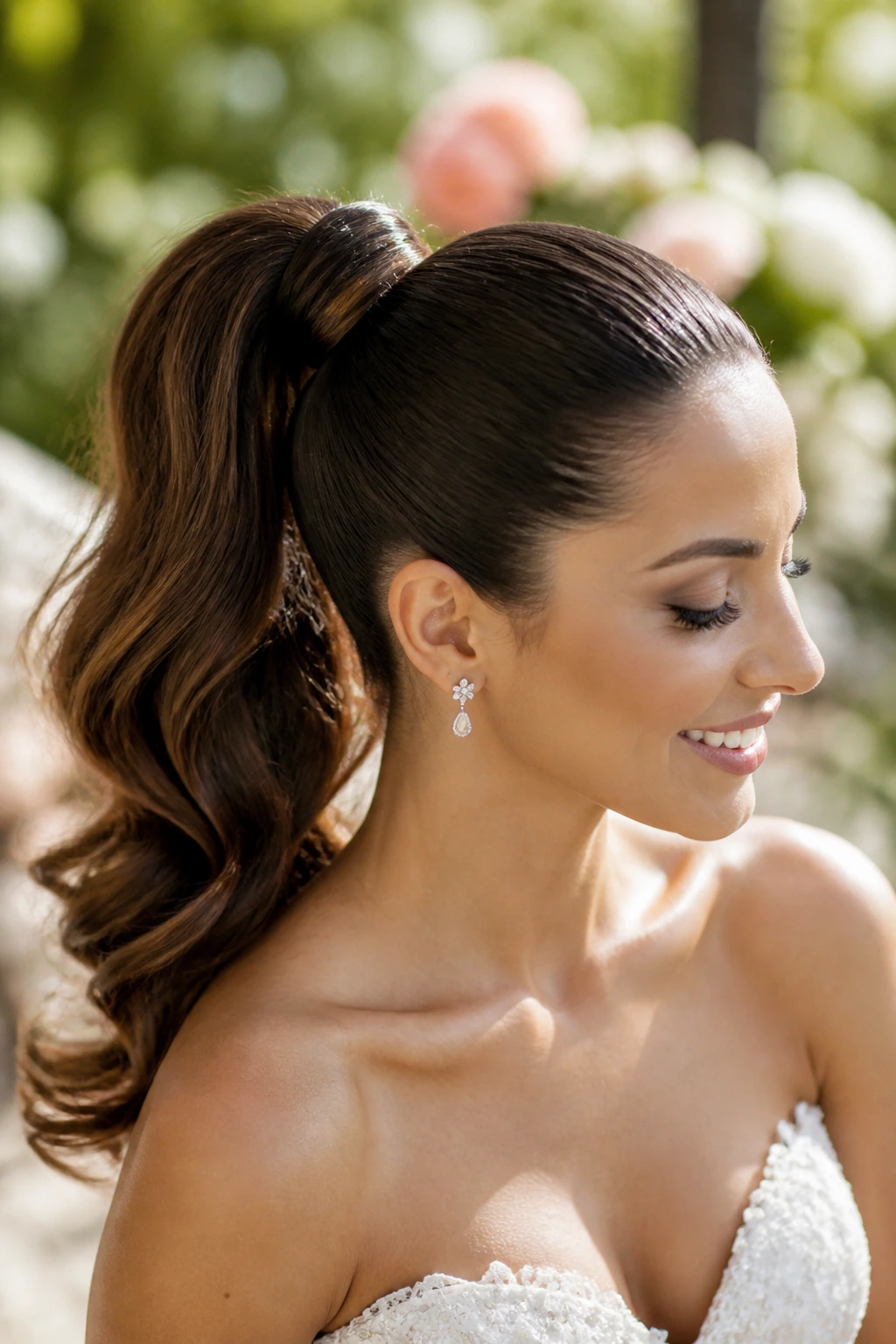 Close-up of a real bride with a glossy high ponytail in a sunlit garden wedding