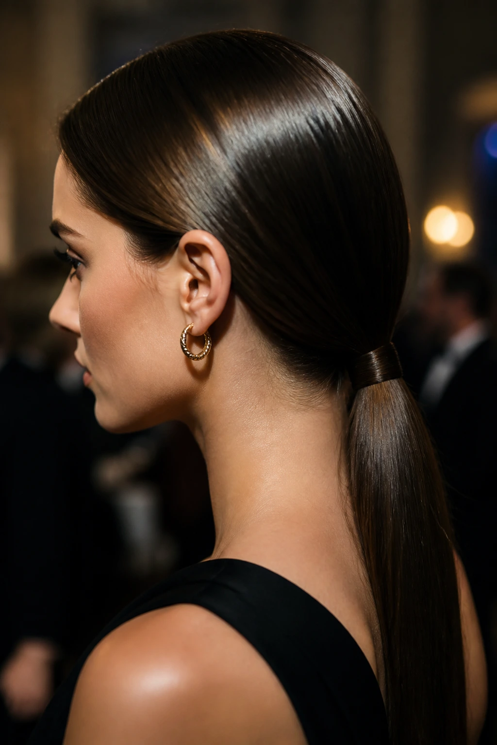 Close-up glossy low ponytail on a real woman at an event