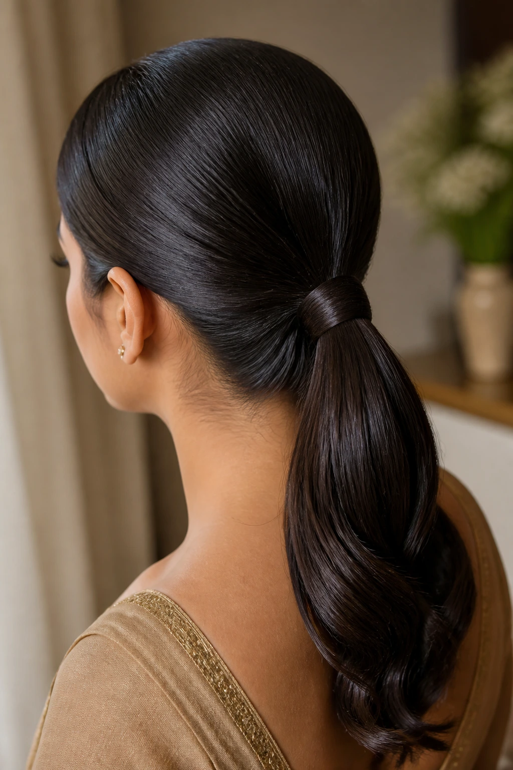 Portrait of a woman with a glossy low ponytail wrapped base.