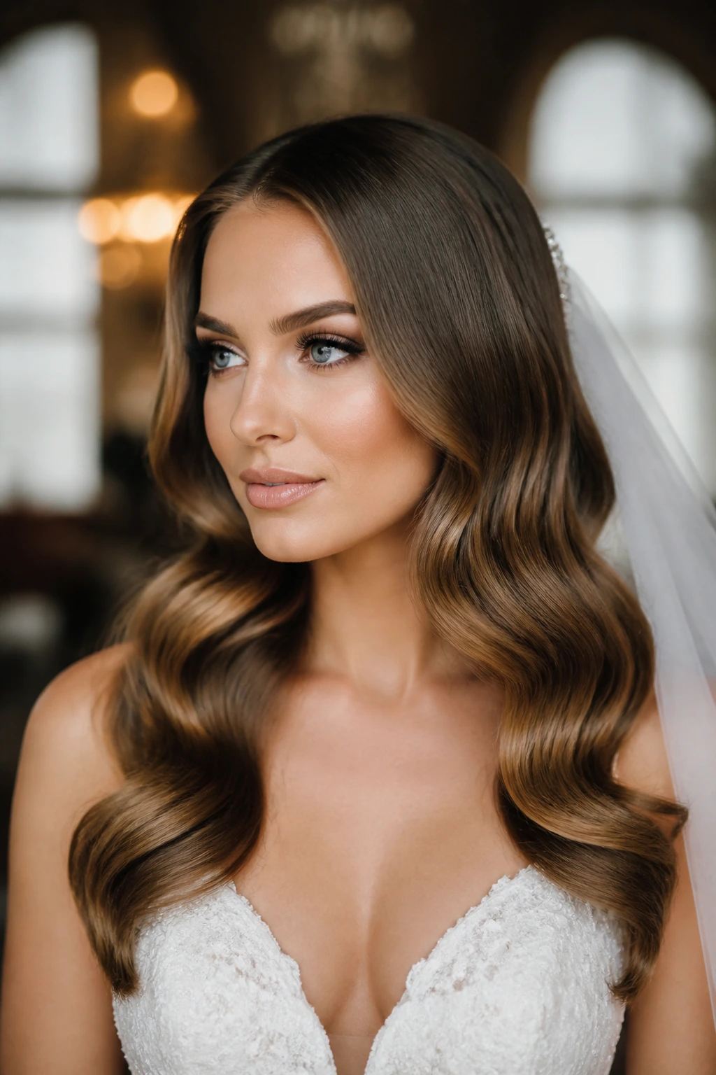 Bride with glossy S-wave glam and smooth ends