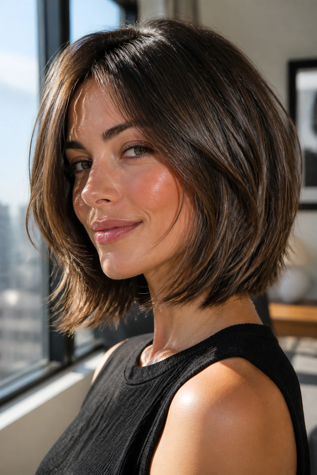 Real woman with glossy shag bob under soft window light