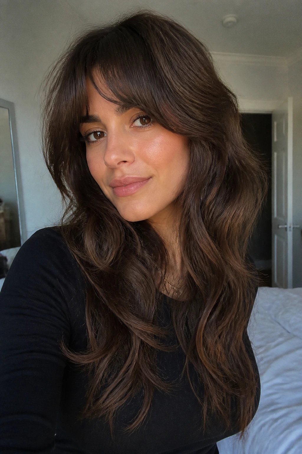 Close-up of a real woman with glossy soft-wave shag hairstyle filling the frame