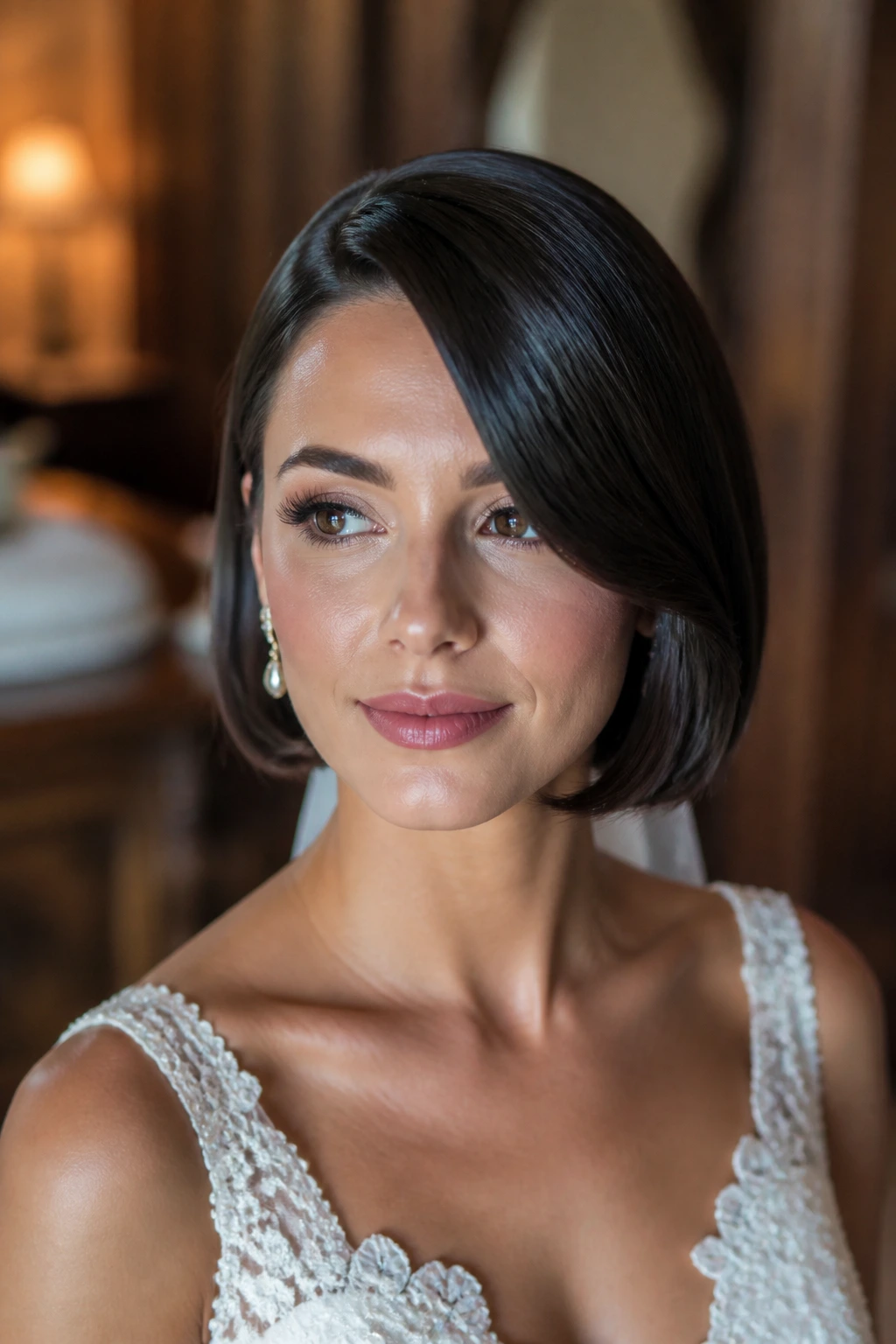 Close-up of a real bride with a glossy side-sweep bob