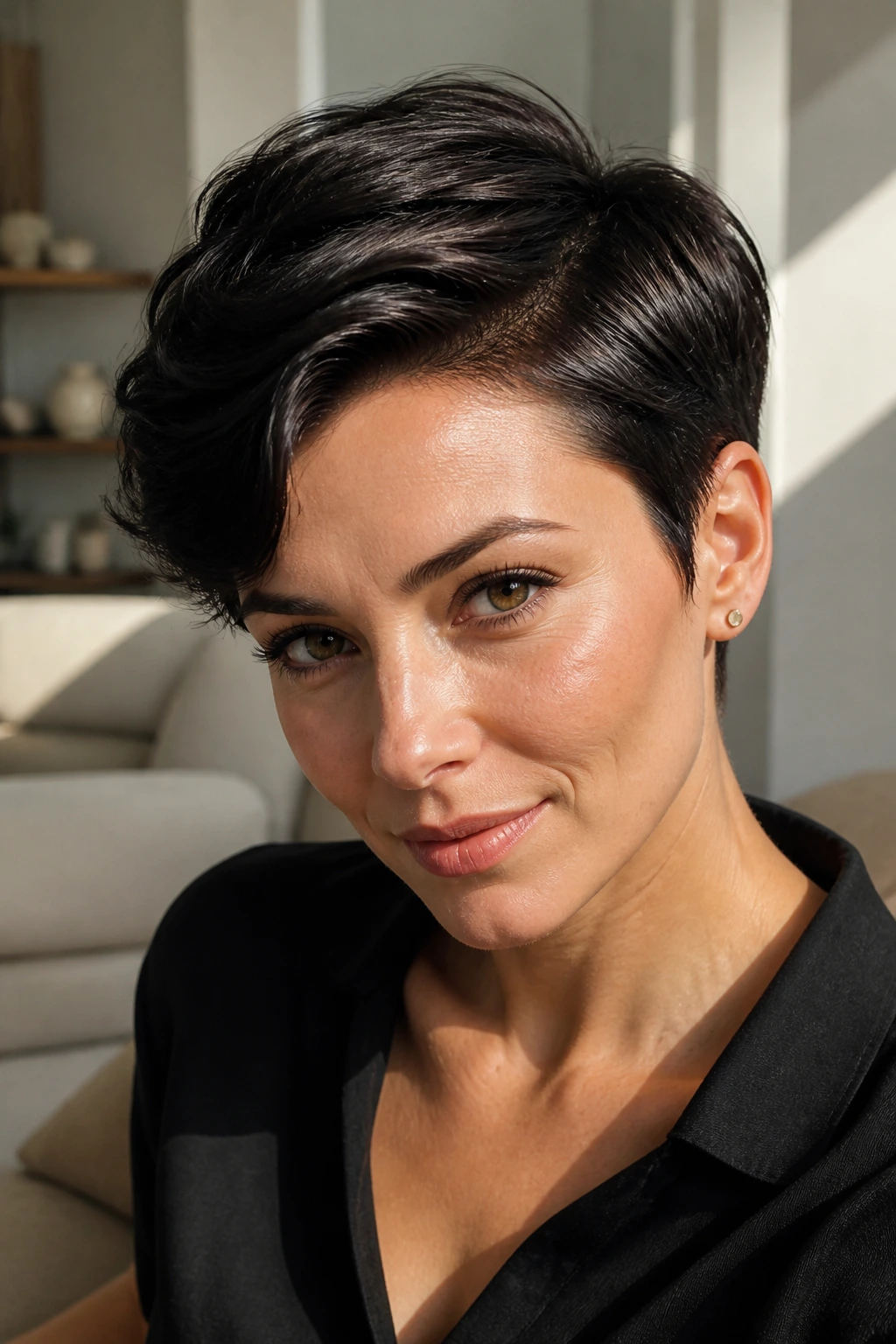 Close-up portrait of a real woman with glossy side-sweep pixie