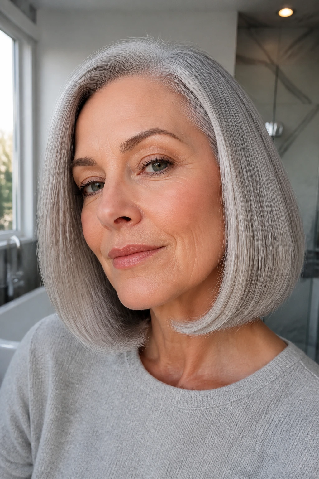 Close-up portrait of a real person with tucked-under glossy silver lob and high shine.