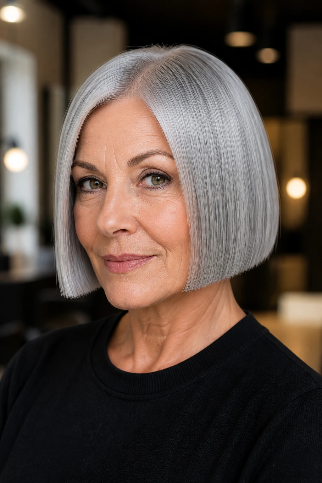 Real person with a glossy steel micro bob close-up portrait