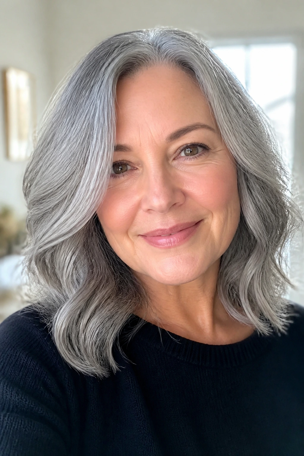 Real woman with glossy steel waves in gray hair under natural window light
